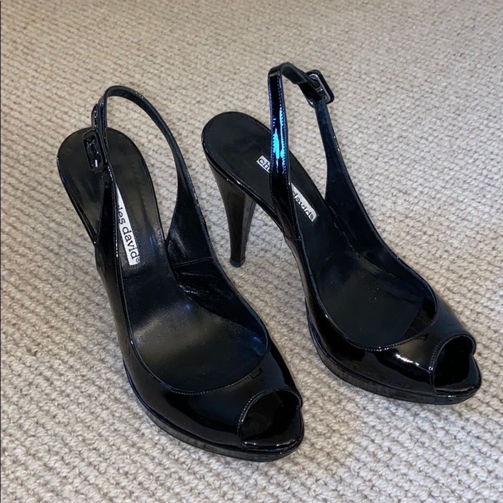 Black Patent Leather Peep-Toe Heels w/strap